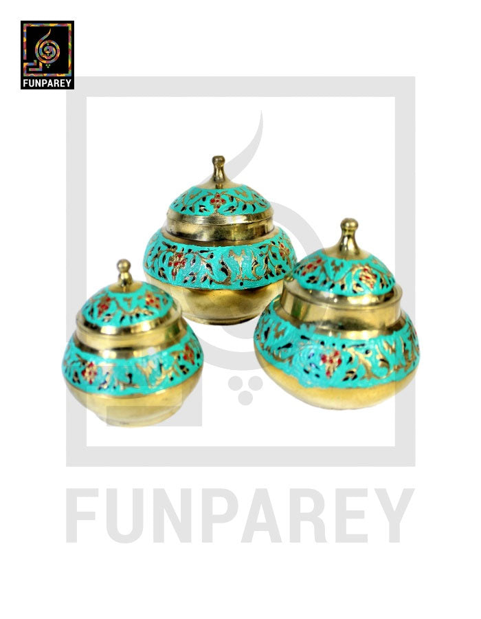 Brass Colorful Candy Bowl Set with Etched Motif – Green
