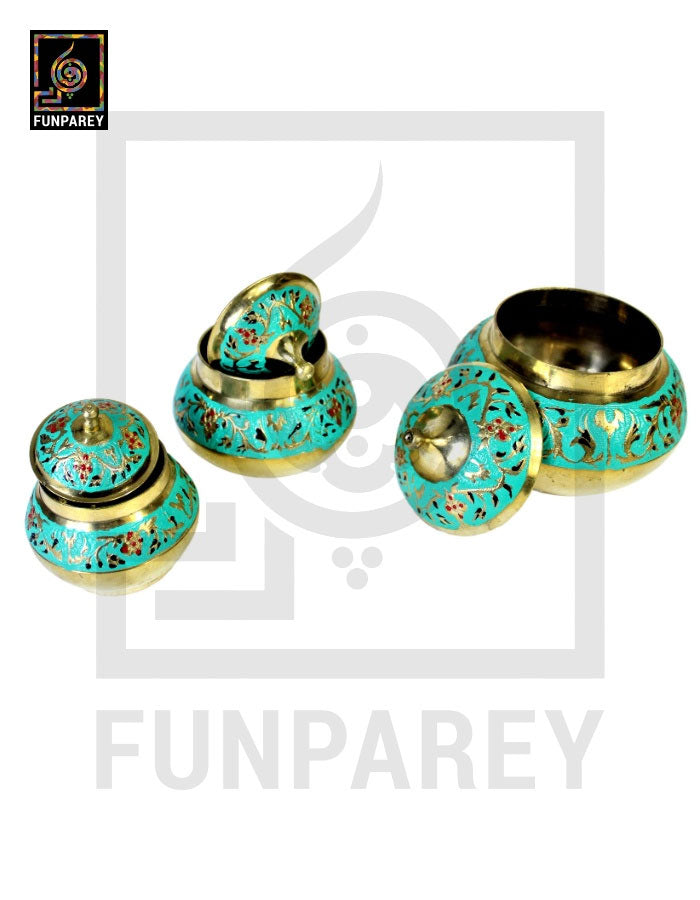 Brass Colorful Candy Bowl Set with Etched Motif – Green