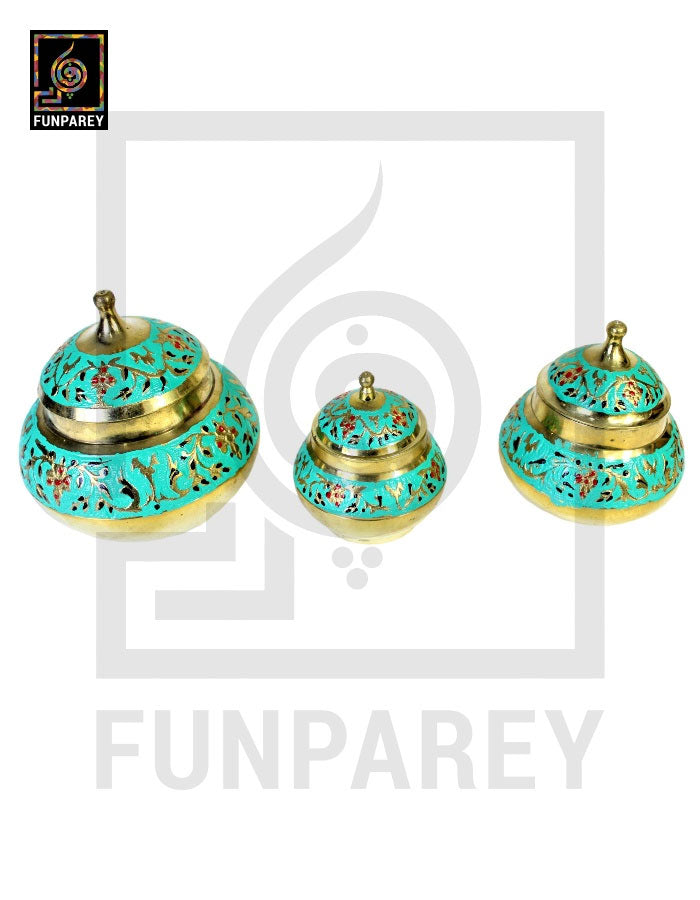 Brass Colorful Candy Bowl Set with Etched Motif – Green