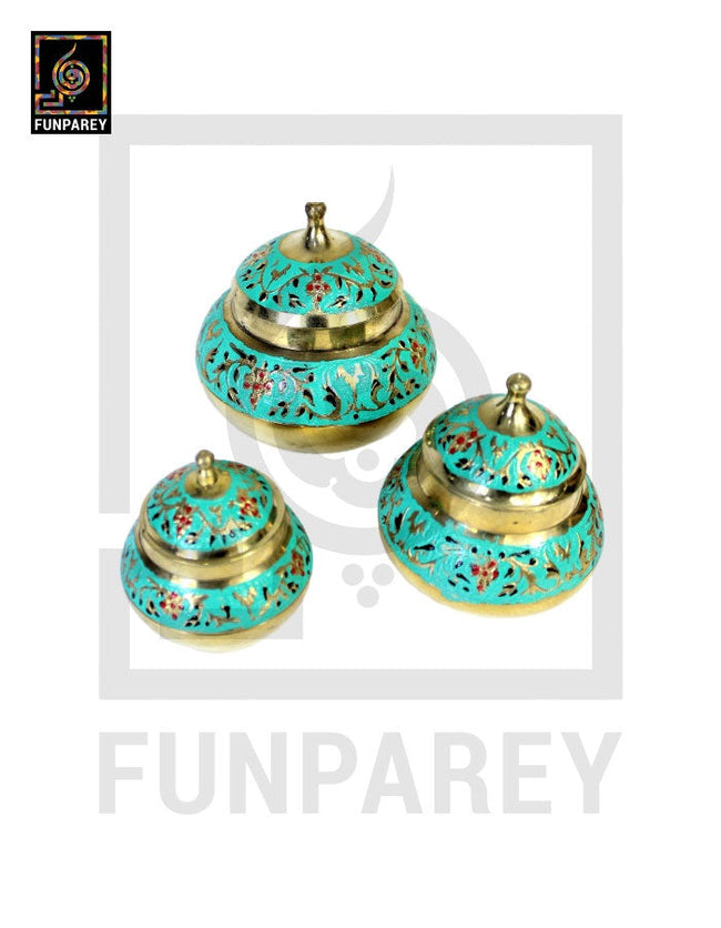Brass Colorful Candy Bowl Set with Etched Motif – Green Hover Image