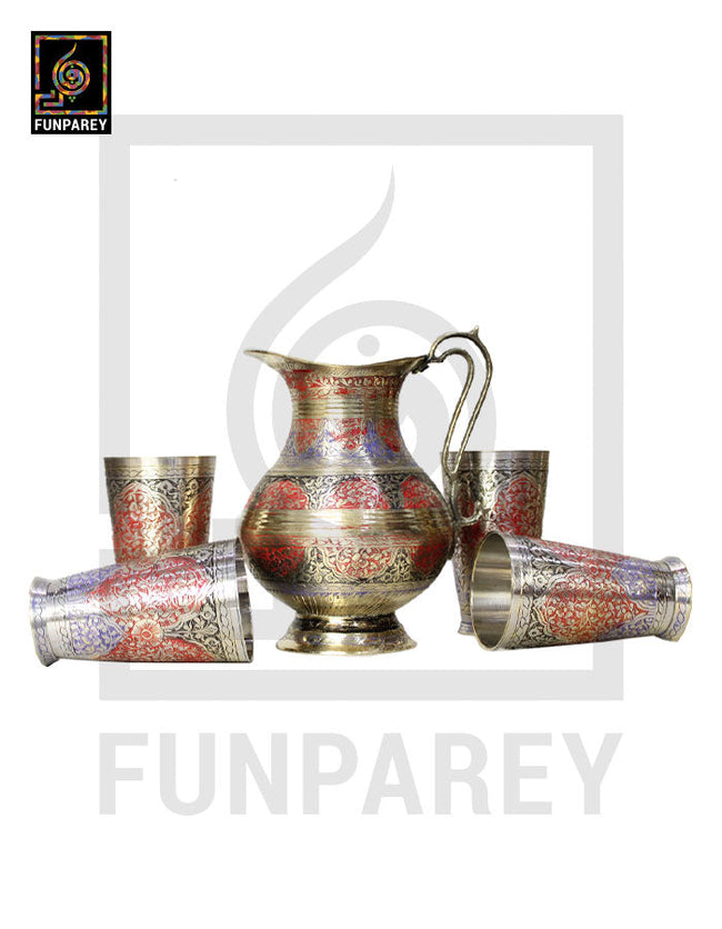 Engraved Antique Brass Jug Set with Colored Motif Main Image