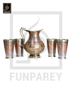 Engraved Antique Brass Jug Set with Colored Motif