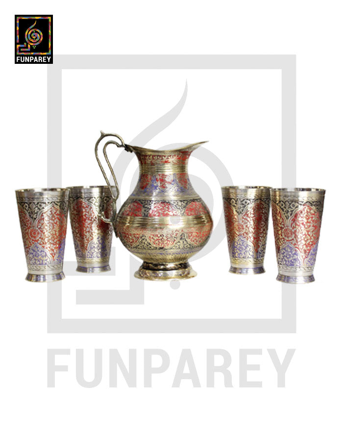 Engraved Antique Brass Jug Set with Colored Motif