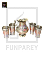 Engraved Antique Brass Jug Set with Colored Motif