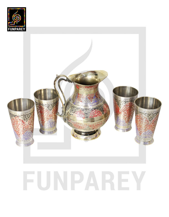Engraved Antique Brass Jug Set with Colored Motif