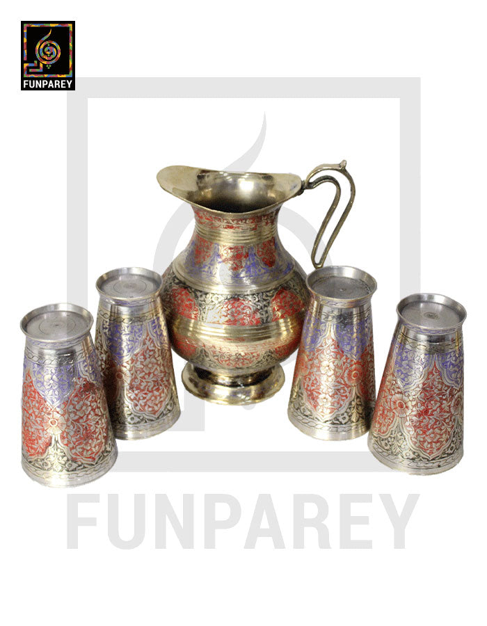 Engraved Antique Brass Jug Set with Colored Motif