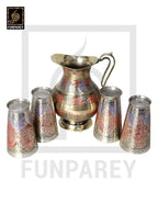 Engraved Antique Brass Jug Set with Colored Motif