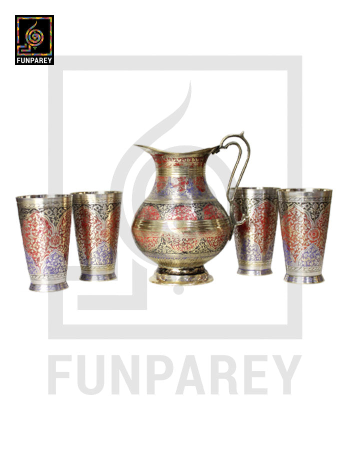 Engraved Antique Brass Jug Set with Colored Motif