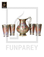 Engraved Antique Brass Jug Set with Colored Motif