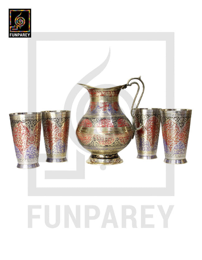 Engraved Antique Brass Jug Set with Colored Motif Hover Image