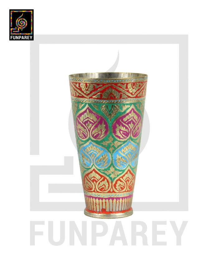 Handcrafted Brass Glass with Embossed Colorful Motif Designs