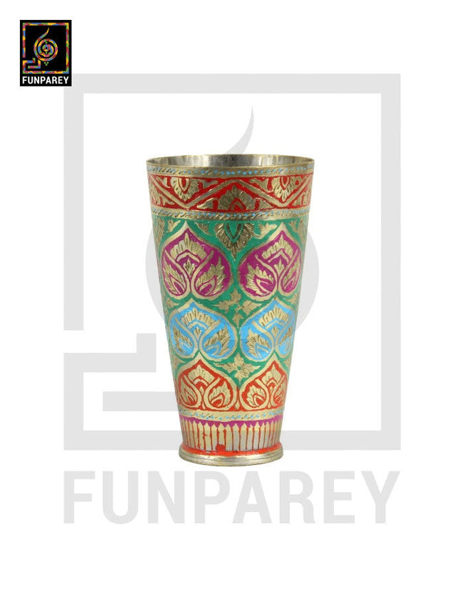Handcrafted Brass Glass with Embossed Colorful Motif Designs Main Image