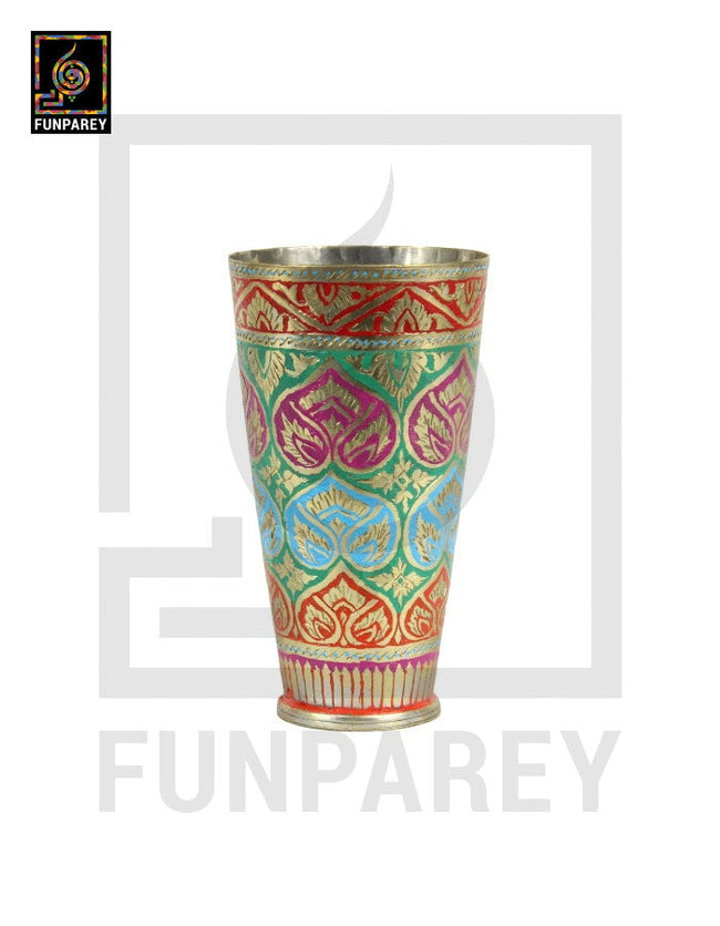 Handcrafted Brass Glass with Embossed Colorful Motif Designs Hover Image