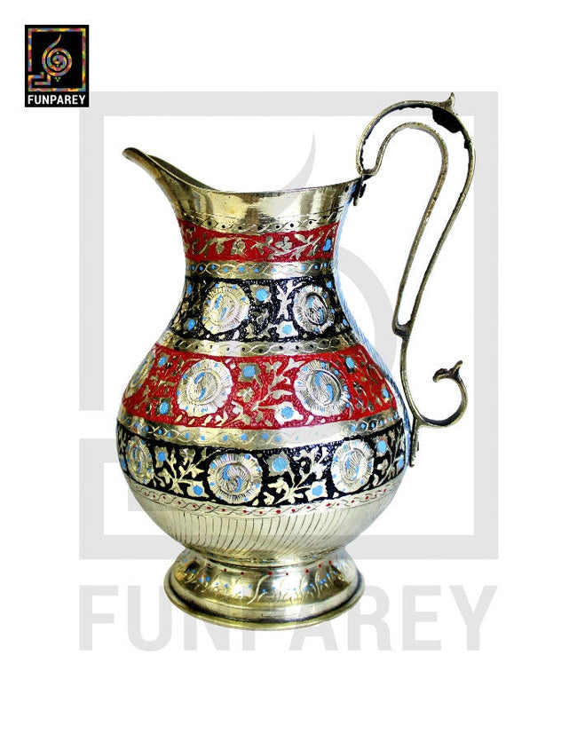 Handmade Antique Brass Jug Set with Colored Motif Main Image