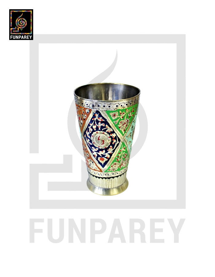 Handmade Antique Brass Jug Set with Colored Motif