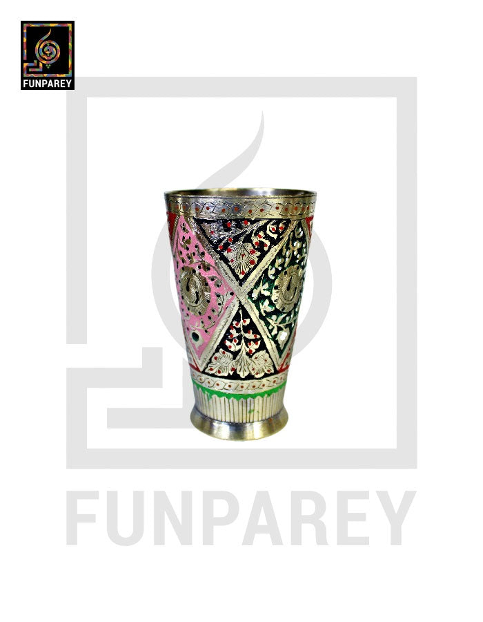 Handmade Antique Brass Jug Set with Colored Motif