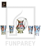 Handmade Antique Brass Jug Set with Colored Motif