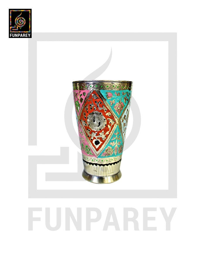 Handmade Antique Brass Jug Set with Colored Motif