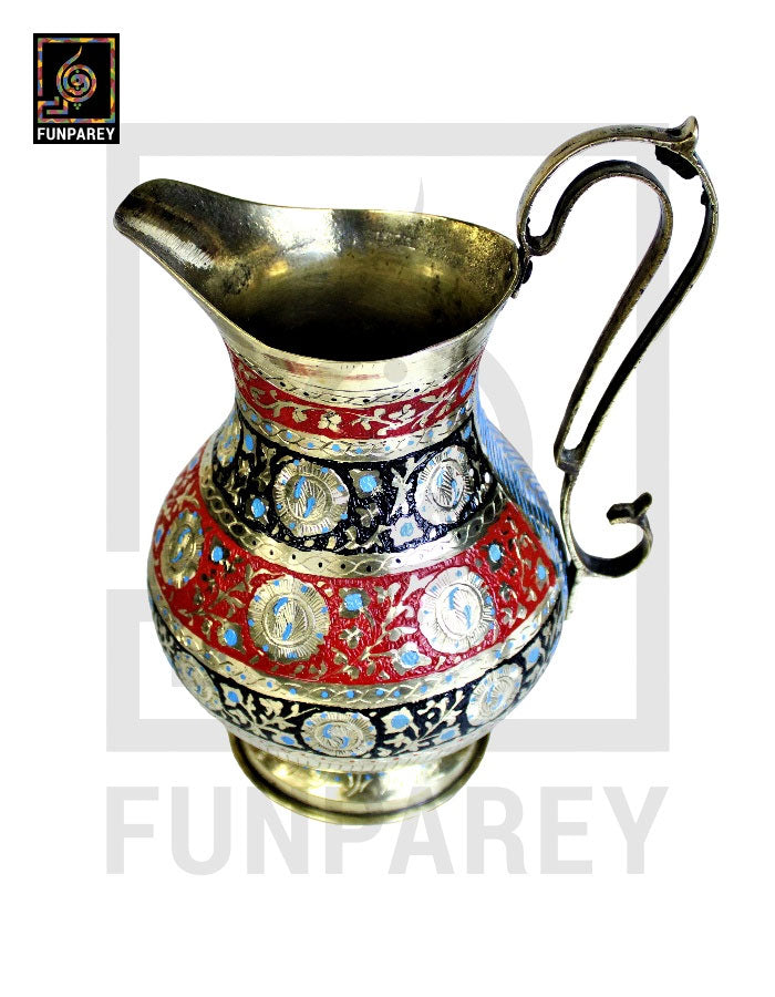Handmade Antique Brass Jug Set with Colored Motif