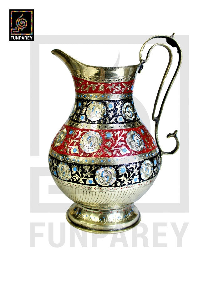 Handmade Antique Brass Jug Set with Colored Motif