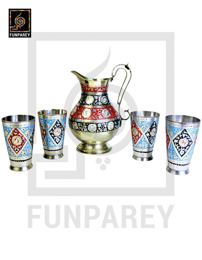 Handmade Antique Brass Jug Set with Colored Motif Hover Image